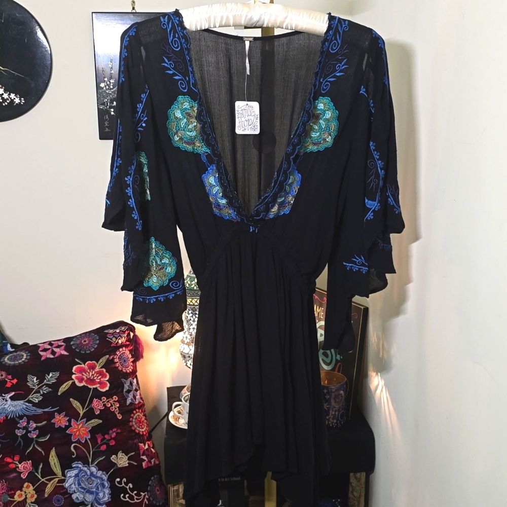 Free People Gorgeous Embroidered Black and Blue Layering Top